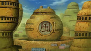 動畫沙漠場景，藍天下有刻著漢字的石塔。 — 沙漠太陽 壁紙