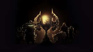 Dota 2 冠軍在黑暗剪影中手持發光獎盃。 — Dota 2 4K 壁紙
