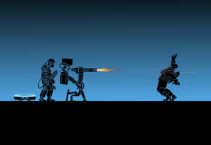 未來士兵在藍色漸變背景上向剪影中的敵人開火。 — 絕境要塞2 壁紙