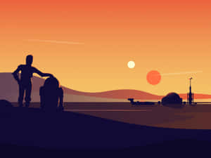 在雙重夕陽下，沙漠星球上的兩個剪影人物。 — 沙漠 壁紙
