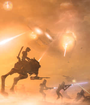 士兵和步行者在熾熱的科幻戰鬥場景中戰鬥。 — Galaxy Z Fold 6 壁紙