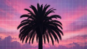 極簡棕櫚樹剪影襯托著蒸氣波風格網格夕陽。 — 蒸氣波 壁紙