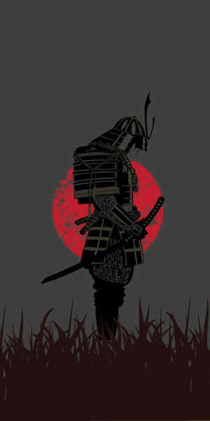 武士剪影持劍，背景是高草中的紅太陽。 — 日本動漫 壁紙