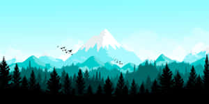 白雪覆蓋的山脈在黑暗的松林後方升起，鳥兒飛翔。 — 雪景 GIF 壁紙