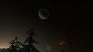 松樹在繁星點點的夜空下，有發光的行星和一彎新月。 — 電玩遊戲 GIF 壁紙