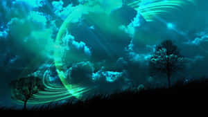 兩棵光禿禿的樹在長滿草的山丘上，下方是一顆發光的青綠色行星，帶有環和輻射光束。 — 簡約暗黑美學 壁紙