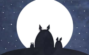 龍貓角色以滿月和繁星夜空為背景的剪影。 — 可愛的動漫角色 壁紙