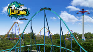 加拿大奇幻樂園的 Leviathan 雲霄飛車，在晴朗的天空下，周圍有樹木和其他遊樂設施。 — 雲霄飛車 壁紙