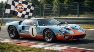 一輛藍色和橙色的 Gulf Ford GT40 賽車衝過終點線，伴隨著方格旗。