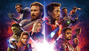 Marvel 超級英雄團隊在宇宙戰鬥場景中，伴隨著發光的能量光束。 — 漫威復仇者聯盟 壁紙