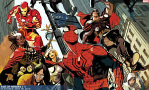 Marvel超級英雄在城市街道上空進行空中戰鬥。 — 鋼鐵人標誌 壁紙