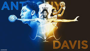 Anthony Davis 籃球運動員的藍金數位藝術，包含多個動作姿勢。 — 安東尼·戴維斯 壁紙