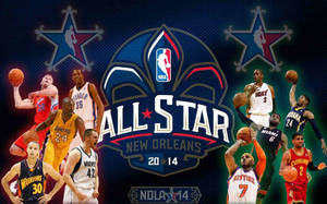NBA全明星2014活動海報，突出展示穿著球隊球衣的籃球運動員。
