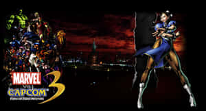 Marvel vs Capcom 3 角色在黃昏時分黑暗的城市天際線上戲劇性地擺出姿勢。 — 漫威反派 壁紙