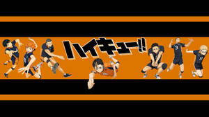 動漫排球運動員在橙色背景上移動，帶有標題文字。 — 手球 壁紙