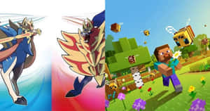 動漫寶可夢和Minecraft Steve在充滿活力的遊戲場景中與蜜蜂一起。 — 我的世界 壁紙
