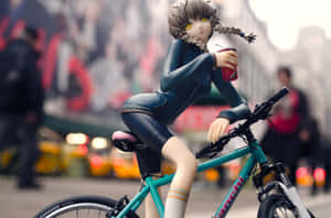 動漫公仔女孩騎青綠色自行車在街道上拿紅色杯子。 — 彌沙·亞曼 壁紙