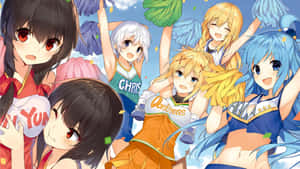 動漫女孩穿著啦啦隊服裝，揮舞著彩球和彩紙在空中歡呼。 — 為美好的世界獻上祝福 壁紙