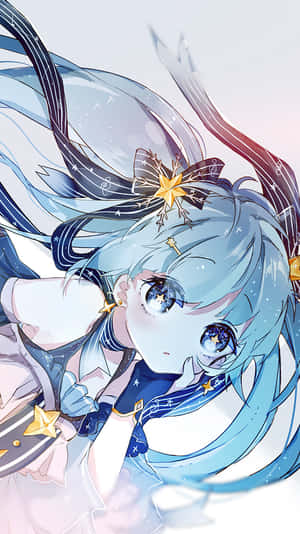 動漫女孩，藍髮星眸，溫柔向上仰望。 — 美麗的動畫 壁紙