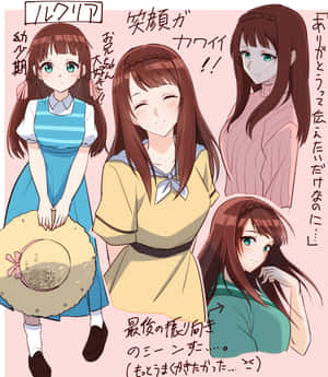 動漫女孩，棕色頭髮，綠色眼睛，四種不同的服裝和表情。 — Galaxy Z Fold 壁紙