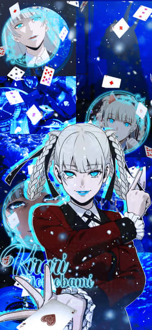 動漫女孩，白色辮子，藍色眼睛，在發光的宇宙場景中手持撲克牌。 — iPhone 17 Pro 壁紙
