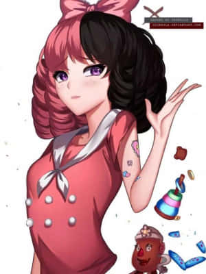 動漫女孩，粉紅和黑色頭髮，穿著紅色水手裙，被漂浮的玩具包圍。 — 梅蘭妮·馬丁尼茲 壁紙