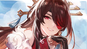 動漫女孩，紅眼睛，棕色頭髮，微笑著，手持劍。 — 原神 壁紙