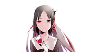 紅眼睛的動漫女孩穿著校服拿著心形卡片。 — 高清 壁紙