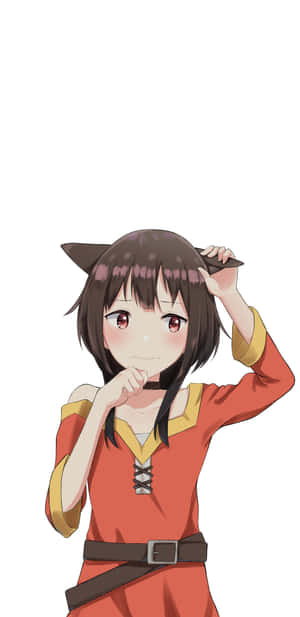 動漫女孩，貓耳，在紅色服裝中調整耳朵。 — Pixel 4 壁紙
