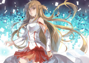 動漫女孩，金色長髮，身穿白色和紅色服裝，被藍色像素包圍。 — 桐人 壁紙