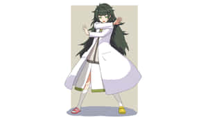穿著白色實驗室外套的動漫女孩張開雙臂跳舞。 — 日向雛田 壁紙