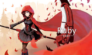來自RWBY的Ruby Rose在森林中手持鐮刀，紅葉在她周圍旋轉。 — Rwby 壁紙