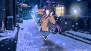 動漫女孩戴著兔耳，夜晚在積雪的都市小巷中。 — 櫻島麻衣 壁紙