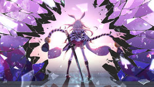 動漫戰士女孩戴著兔耳朵，用發光的劍擊穿紫色玻璃牆。 — 魔法少女小圓 壁紙