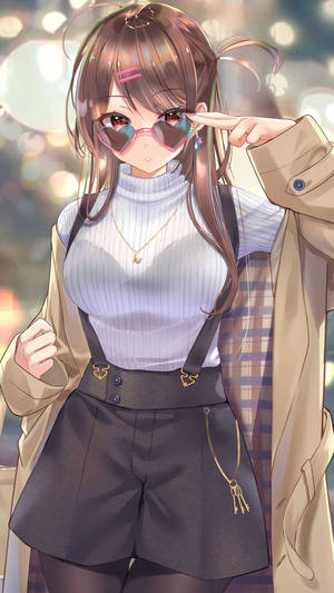 動漫女孩戴著心形太陽眼鏡和米色外套，身處城市燈光中。 — 出租女友 壁紙