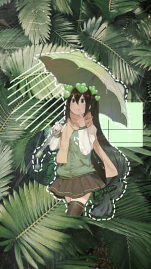 動漫女孩戴著心形髮飾在雨林中撐著綠色雨傘。 — 蛙吹梅雨 壁紙