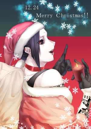 動漫角色戴著聖誕帽，手持蠟燭，伴有雪花和聖誕祝福。 — iPad 第10代 壁紙