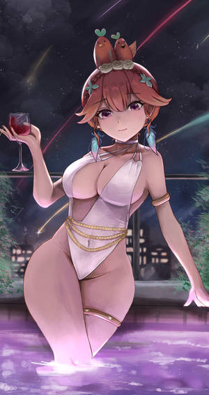 動漫女孩穿著粉紅色服裝，在星空下發光的水中手持酒杯。 — 比基尼 壁紙