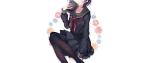 穿著水手服的動漫女孩，帶著花朵光環閱讀書籍。 — 2560x1080 壁紙