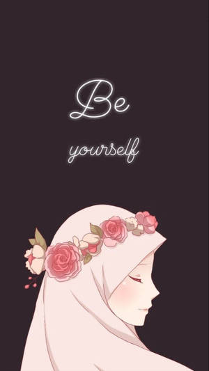 動漫女孩穿著白色頭巾，戴著粉紅玫瑰冠，黑暗背景上寫著「Be yourself」。 — 名言 壁紙
