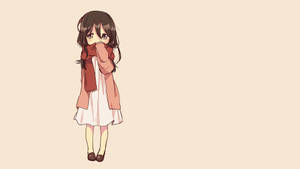 動漫女孩穿著粉紅色外套和紅色圍巾捂住嘴巴。 — 高清 壁紙