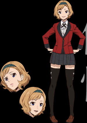 動漫女學生角色，金髮藍眼，穿著紅色西裝外套和格子裙。