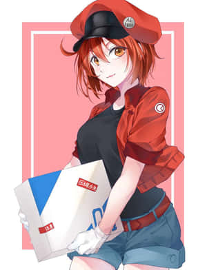 動漫送貨女孩穿著紅色制服，微笑著拿著包裹。 — 細胞的工作 壁紙