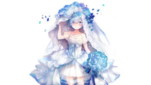 動漫新娘穿著藍白禮服，手持花束，戴著花卉頭紗。 — 雷姆 壁紙
