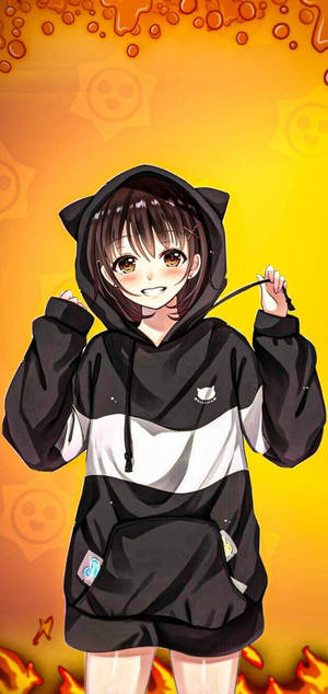 動漫女孩穿著黑色貓耳連帽衫，在火橙色背景上微笑。 — 美學動漫手機 壁紙