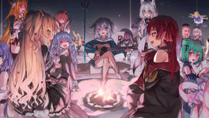 動漫角色聚集在星空下的營火旁，一人彈吉他。 — Hololive 壁紙