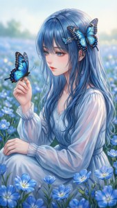 可愛的動漫女孩搭配藍色蝴蝶主題，柔和色調的田野，夢幻氛圍。 — 藍色蝴蝶 壁紙