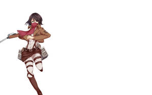 動漫戰士女孩身穿棕色制服和紅色圍巾，雙腿綁著裝備，手持劍。 — 米卡莎·阿卡曼 壁紙