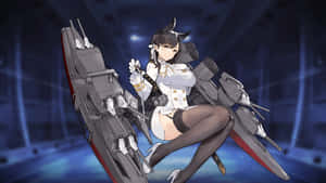 在藍色未來場景中，身穿水手服的動漫女孩站在軍艦旁。 — 碧藍航線 壁紙