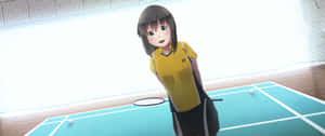 動漫女孩身穿黃色網球服，在室內球場上手持球拍。 — 羽球 壁紙